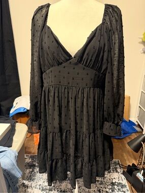 ARULA Black Long Sleeve V-Neck Tiered Mini Dress